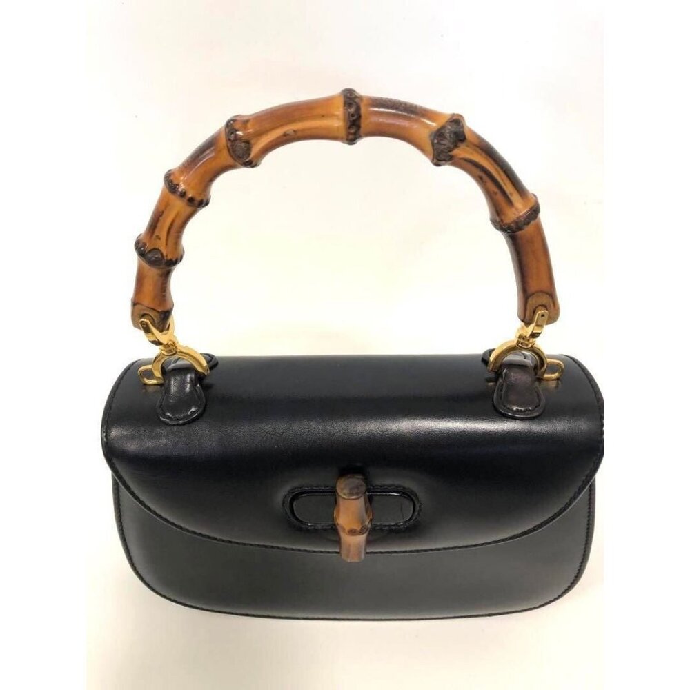 Gucci GG Bamboo 1947 Vintage Shoulder Bag Purse Black Leather Handle - Picture 6 of 15